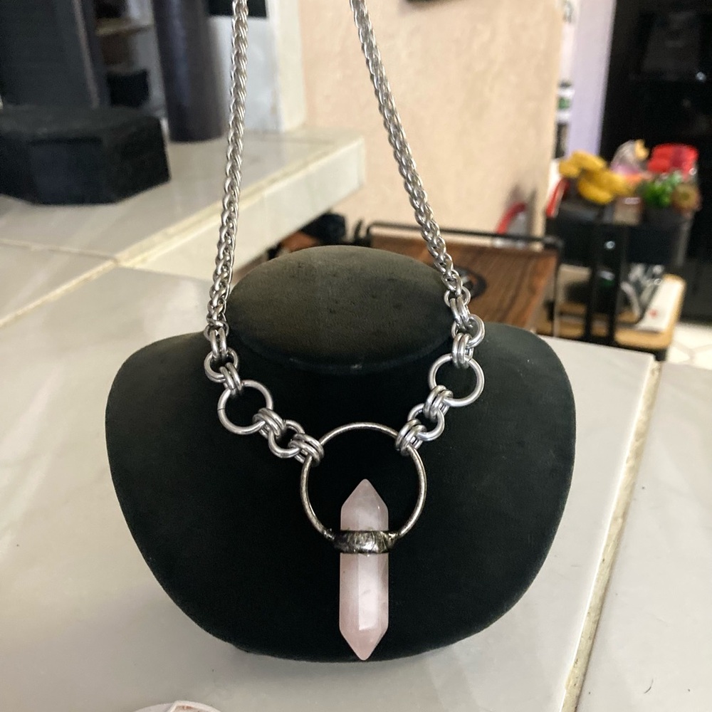 Handmade pink quartz stone maille stainless steel necklace choker boho goth - Picture 6 of 15